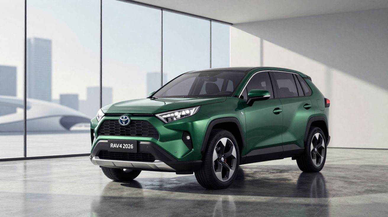 Donkergroene Toyota RAV4 2026 SUV geparkeerd in moderne showroom met grote ramen en stadszicht.