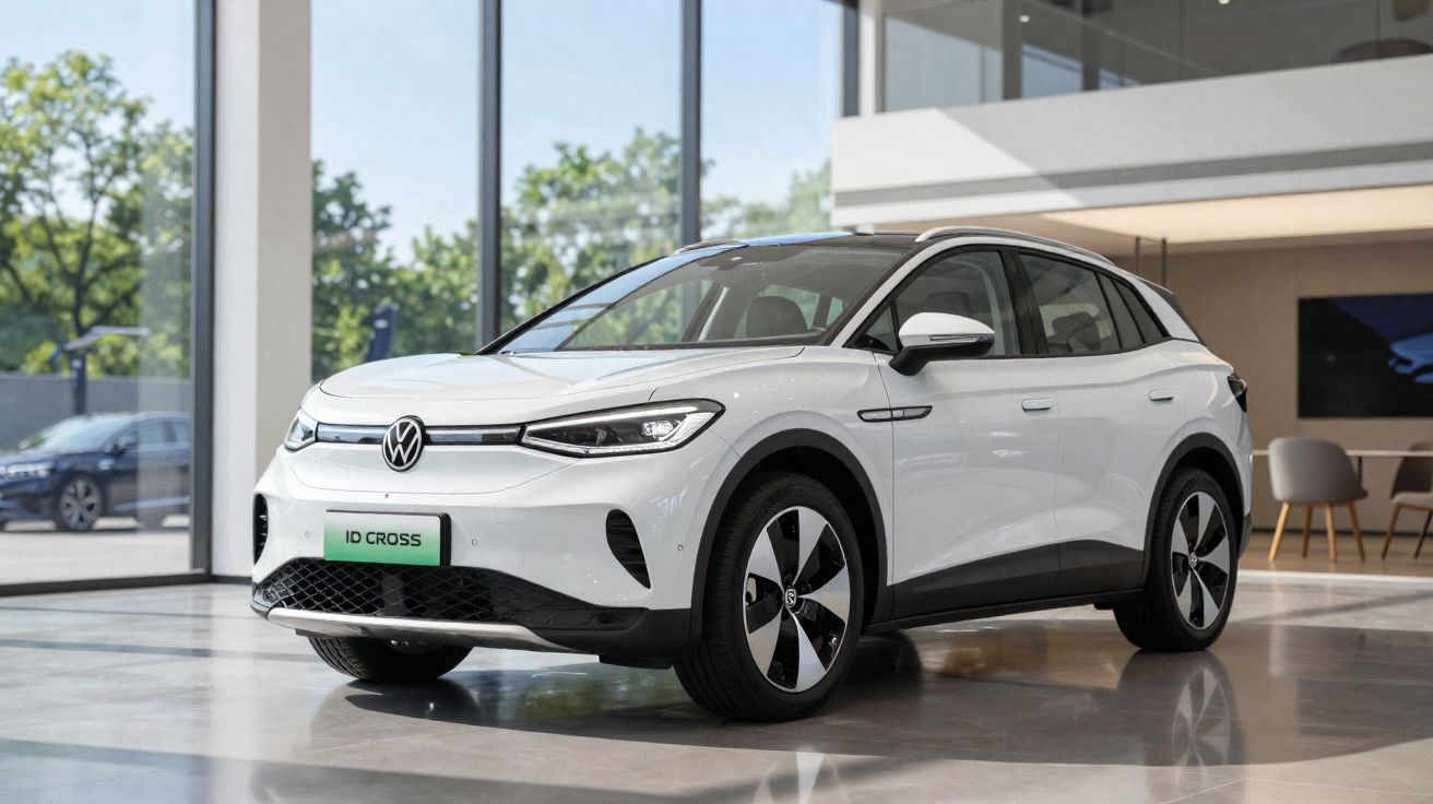 Witte Volkswagen ID. Cross elektrische SUV geparkeerd in een modern showroom interieur met grote ramen.