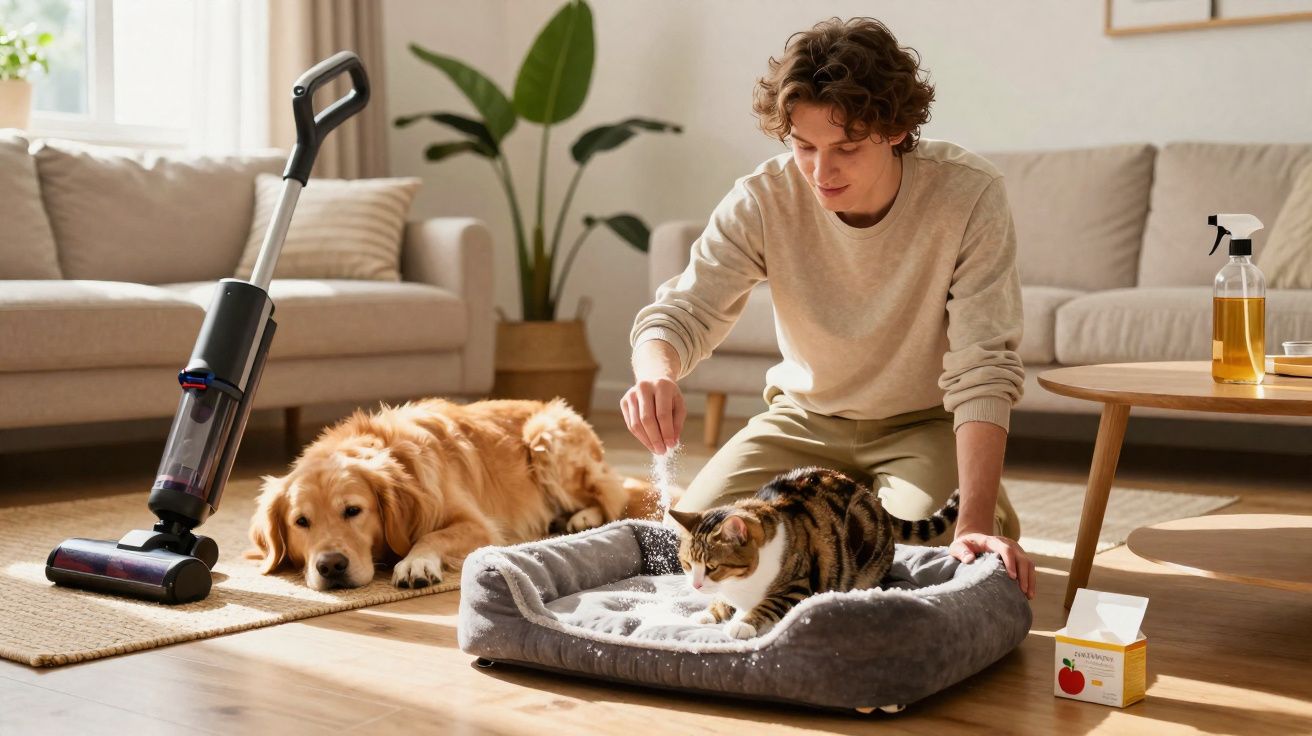 Jongeman strooit kattenbakvulling terwijl kat in mand ligt, hond ligt op mat naast stofzuiger in woonkamer.