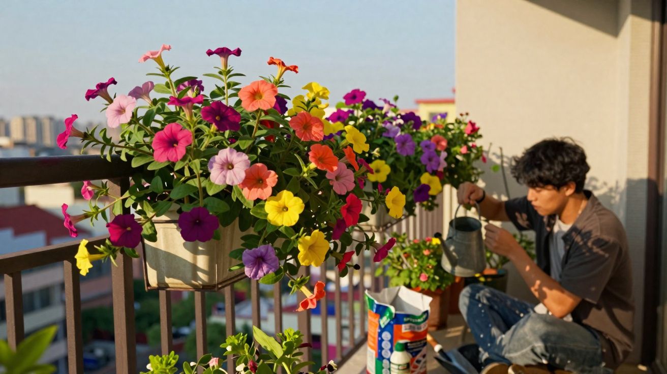 Jonge man giet water op kleurrijke bloemen op een balkon bij zonsondergang.