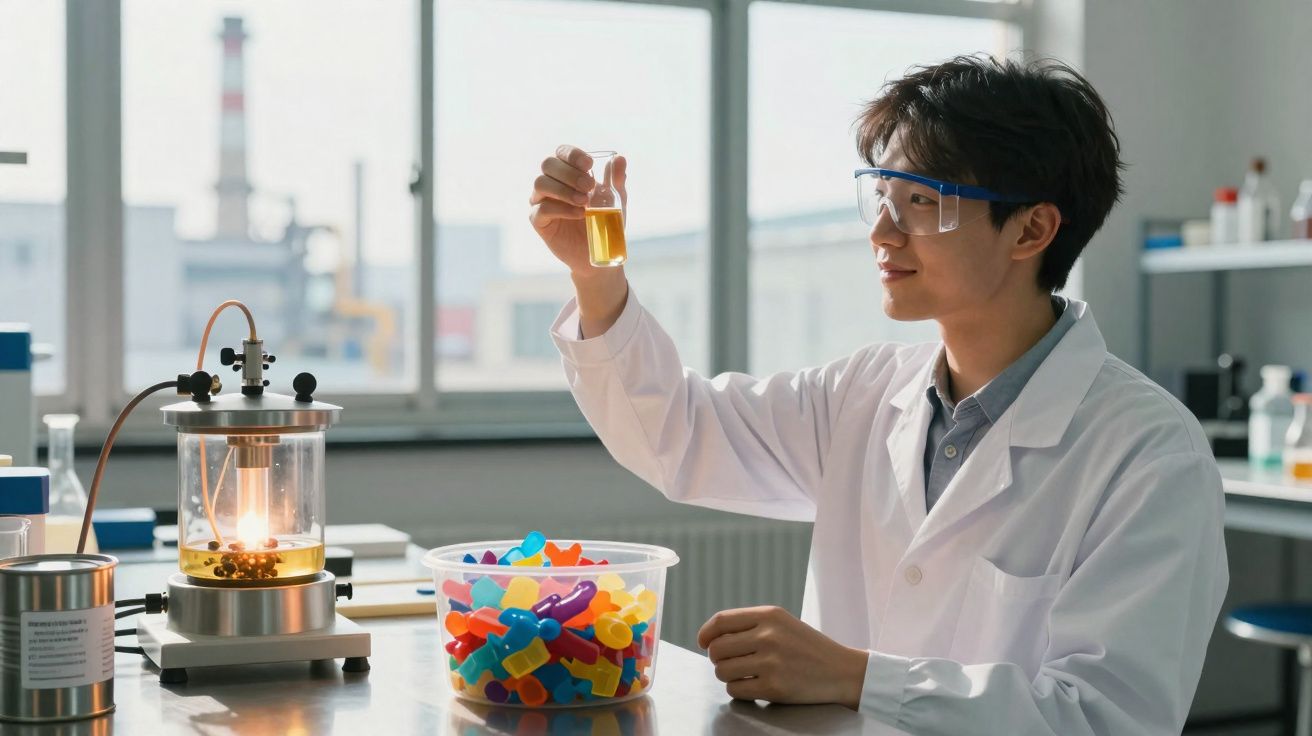 Jonge wetenschapper in wit labjas onderzoekt gele vloeistof in laboratorium met kleurrijke proefbuizen.