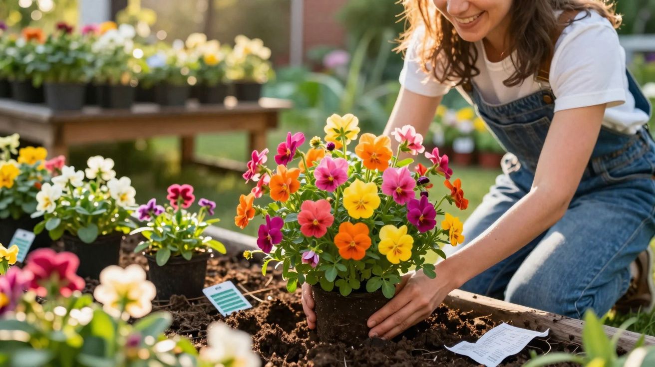 Vrouw die kleurrijke viooltjes plant in een verhoogde tuinbak in zonnige buitenruimte.