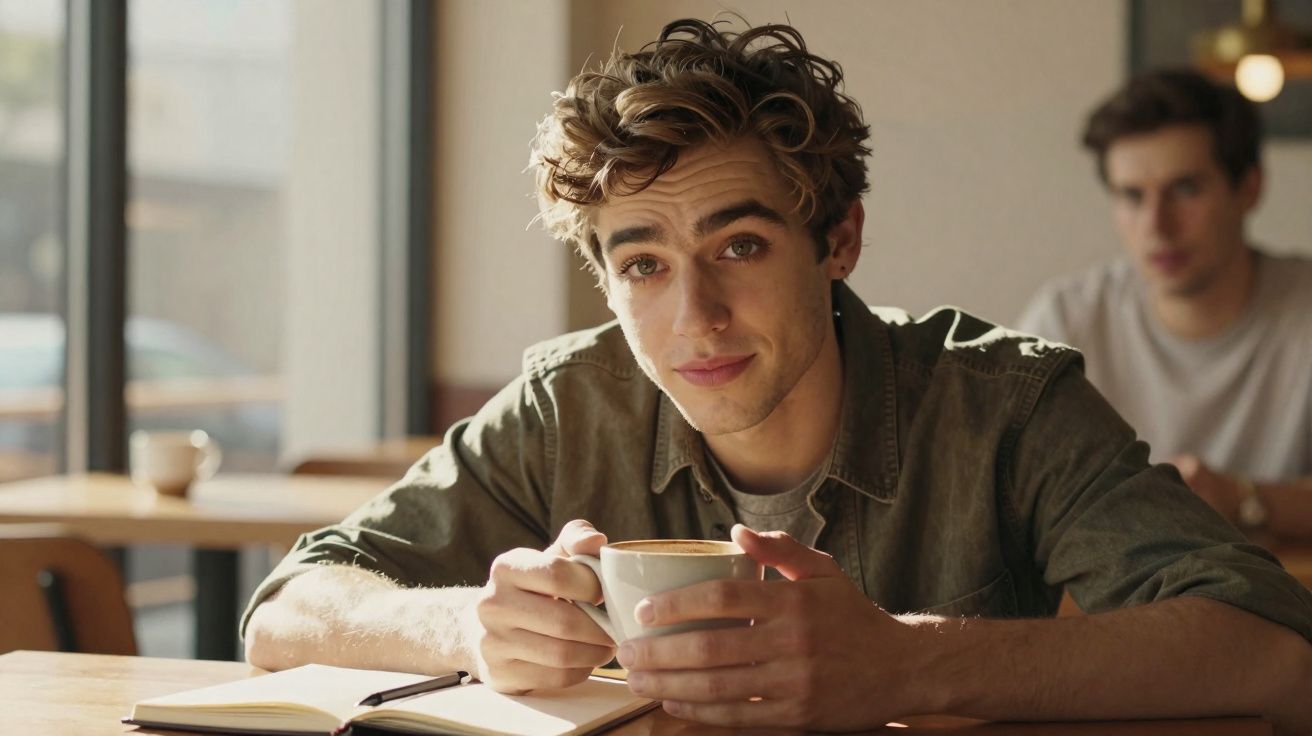 Jonge man zit aan tafel met kopje koffie en open notitieboek, kijkt vriendelijk naar de camera.