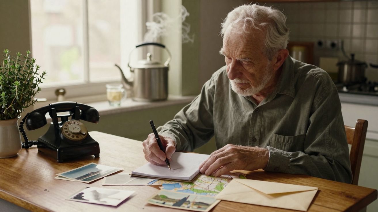 Oudere man schrijft brief aan tafel met postkaarten, envelop en retro telefoon in warme keuken.