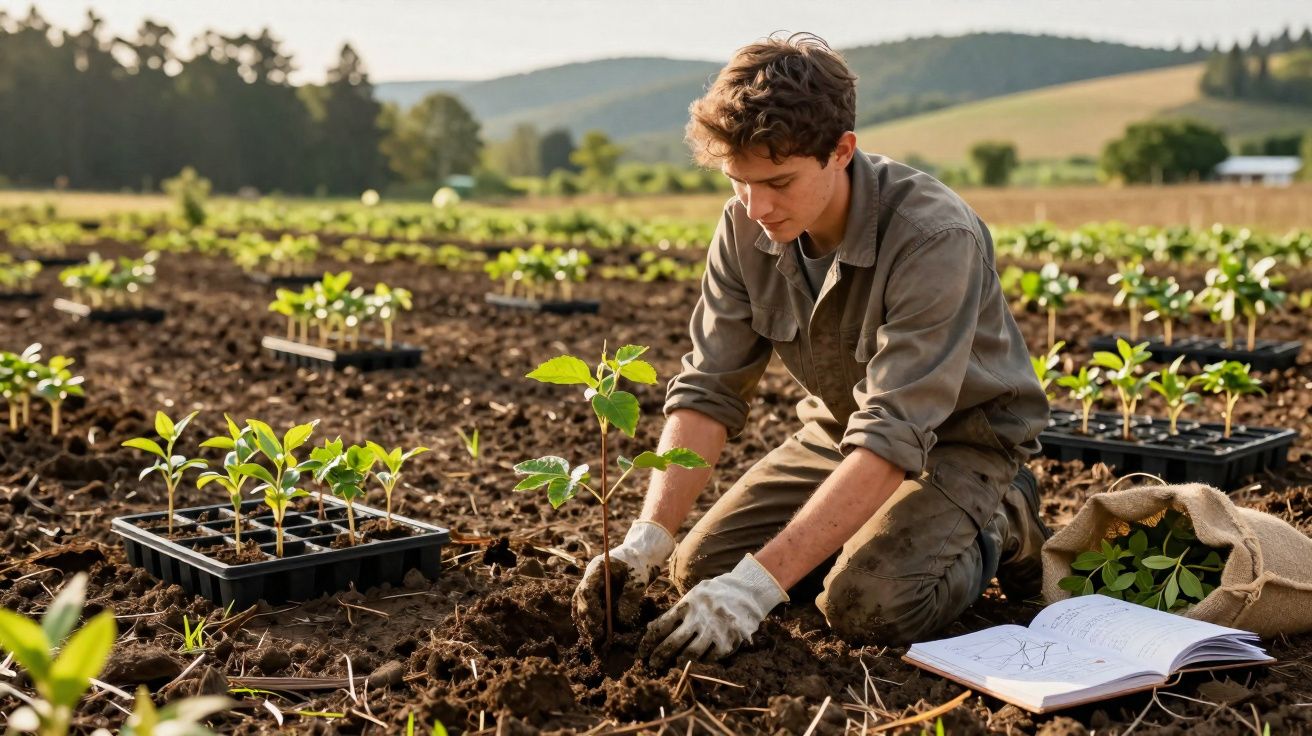 Jonge man plant jonge boom in veld met plantenbakken, open boek en zak vol planten dichtbij.