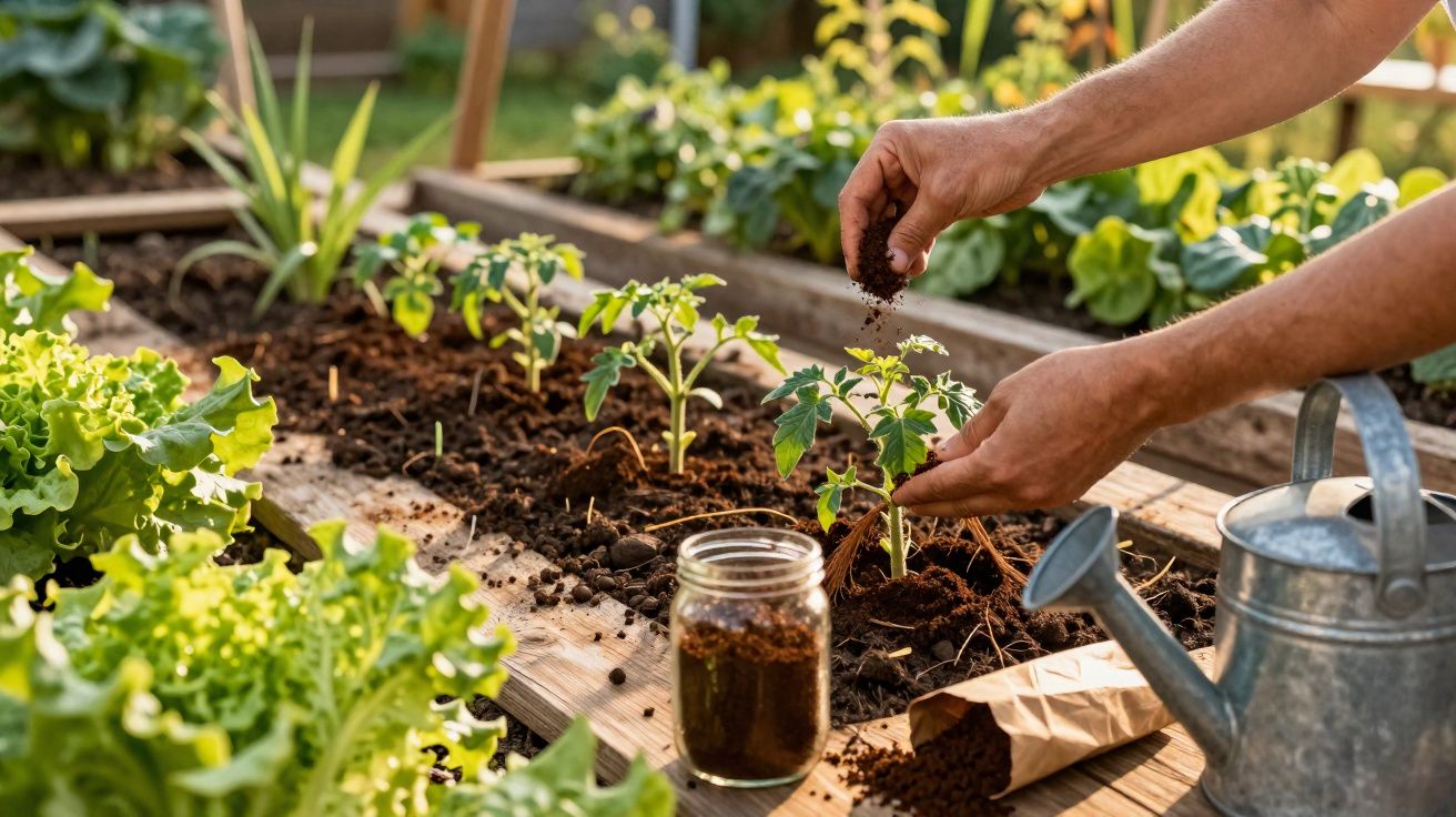 Handen die jonge tomatenplantjes planten en aarde toevoegen in een verhoogde moestuinbak buiten.