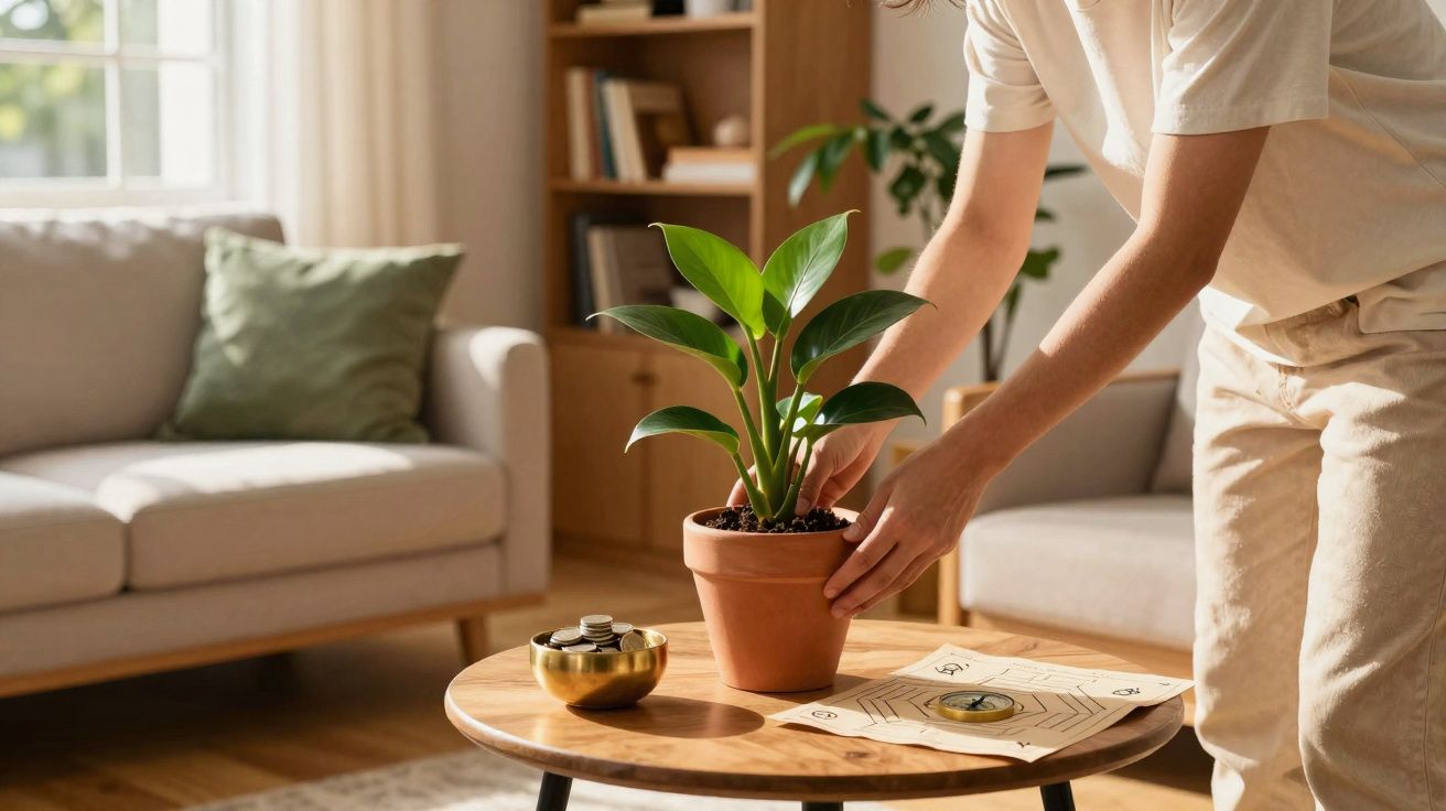 Persoon die een groene kamerplant in een terracotta pot op een houten tafel in een gezellige woonkamer zet.