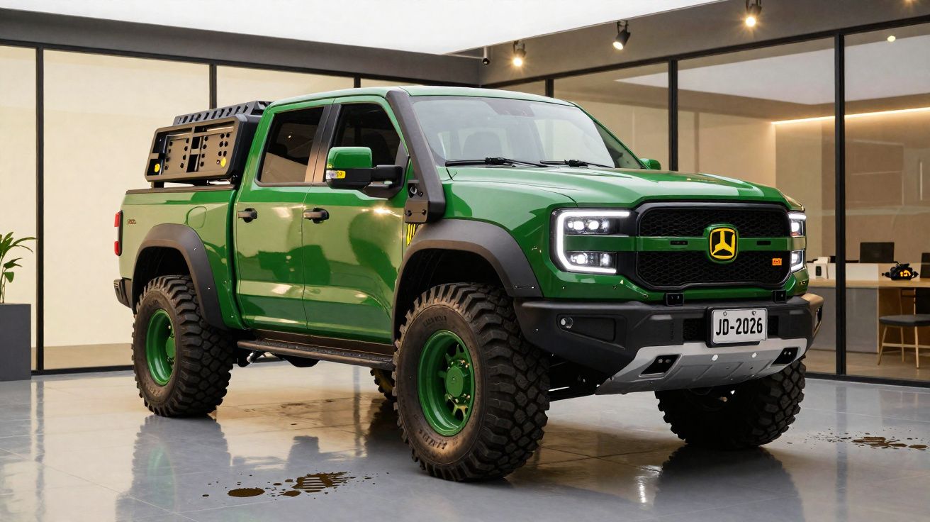 Groene robuuste elektrische pickuptruck met terreinbanden geparkeerd in een moderne garage.