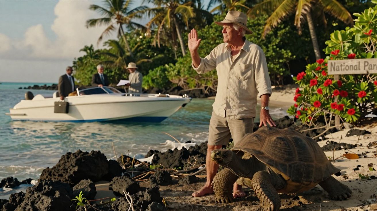 Man met hoed staat op strand naast grote landschildpad, boot en tropisch groen op achtergrond.