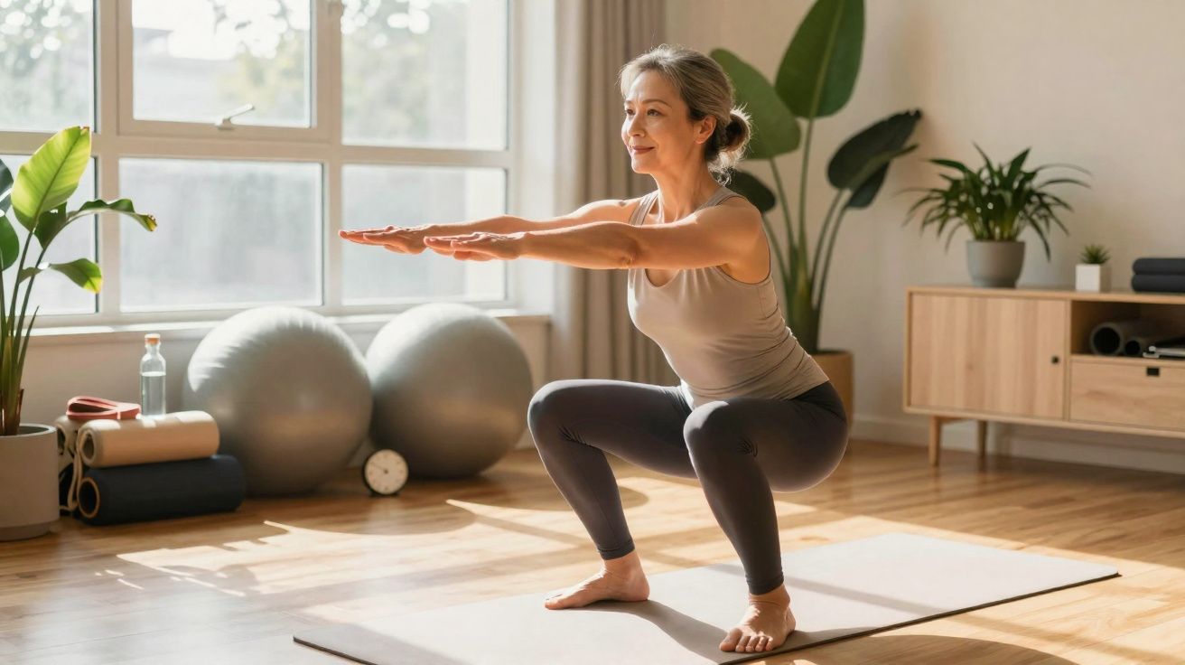 Vrouw doet een squat-oefening op yoga-mat in een lichte woonkamer met planten en sportballen.