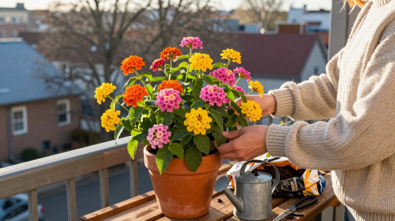 Persoon verzorgt kleurrijke lantana bloemen in terracotta pot op balkon in zonlicht.