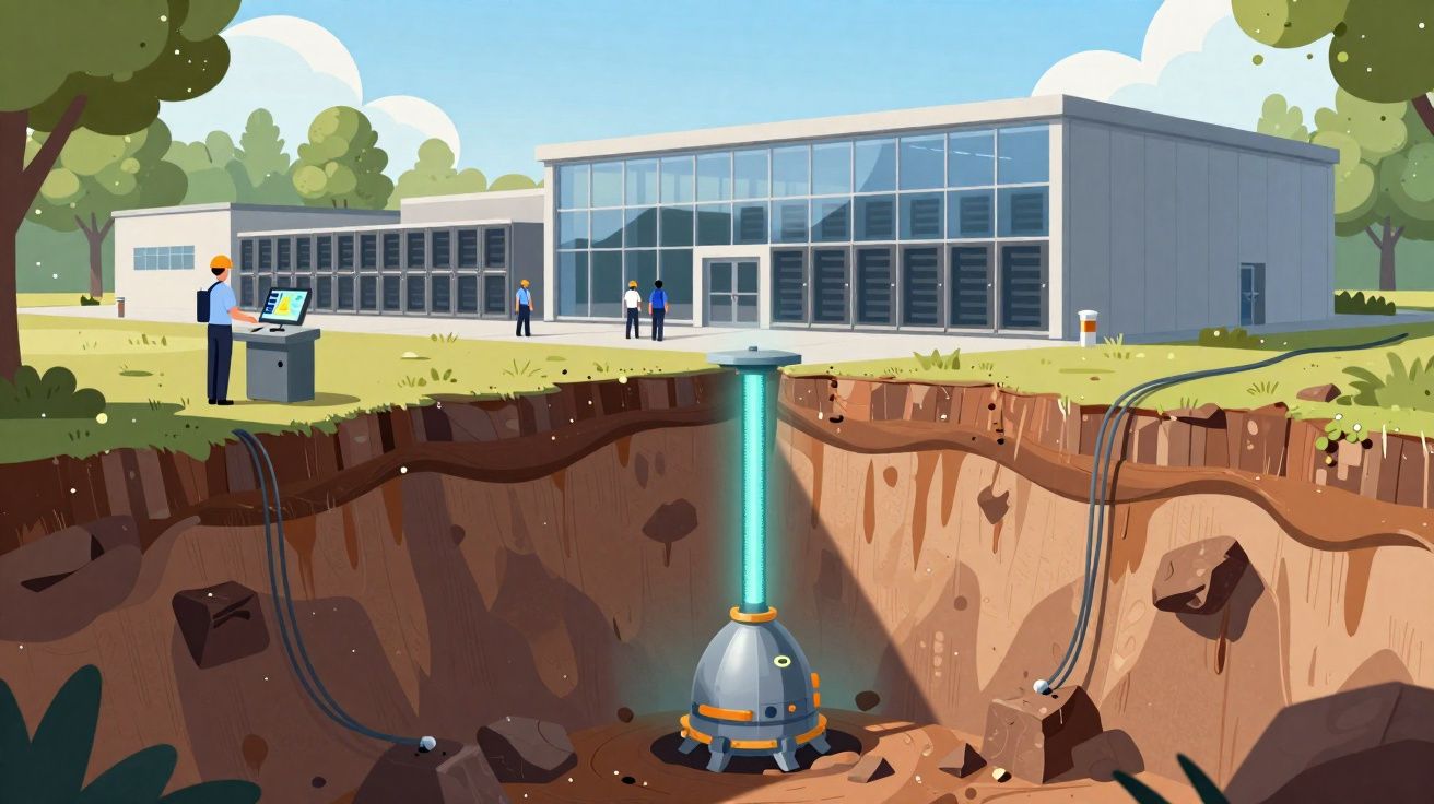 Illustratie van ondergrondse energieopslag onder een industrieel gebouw met mensen en apparatuur aan de oppervlakte.