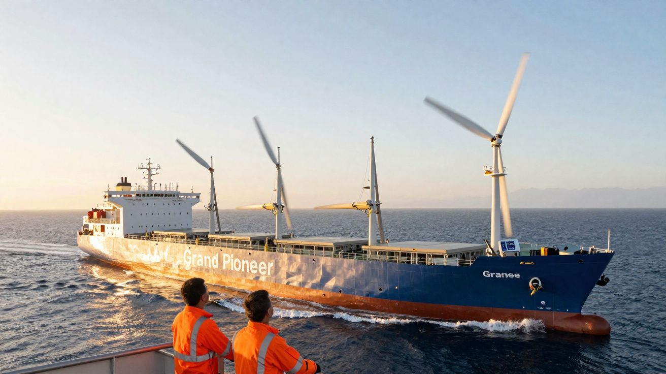 Zeeschip Grand Pioneer met draaiende windturbines varen op zee, twee bemanningsleden in oranje vesten kijken toe.
