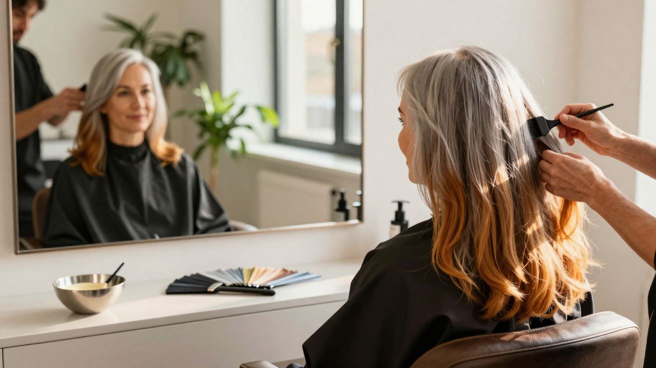 Vrouw met halflang grijs haar krijgt haarverf aangebracht bij kapsalon, zit voor spiegel in stoel.