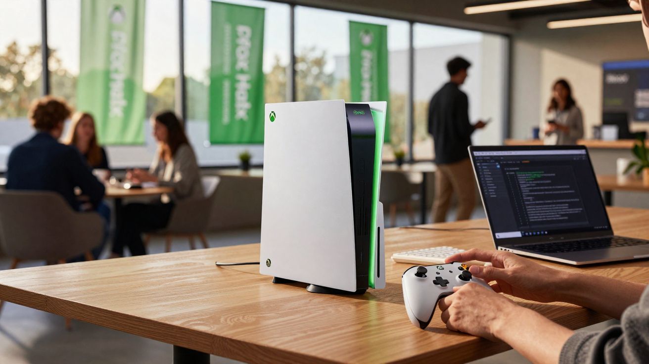 Xbox Series S-console en controller op een bureau in een moderne kantooromgeving met mensen op de achtergrond.