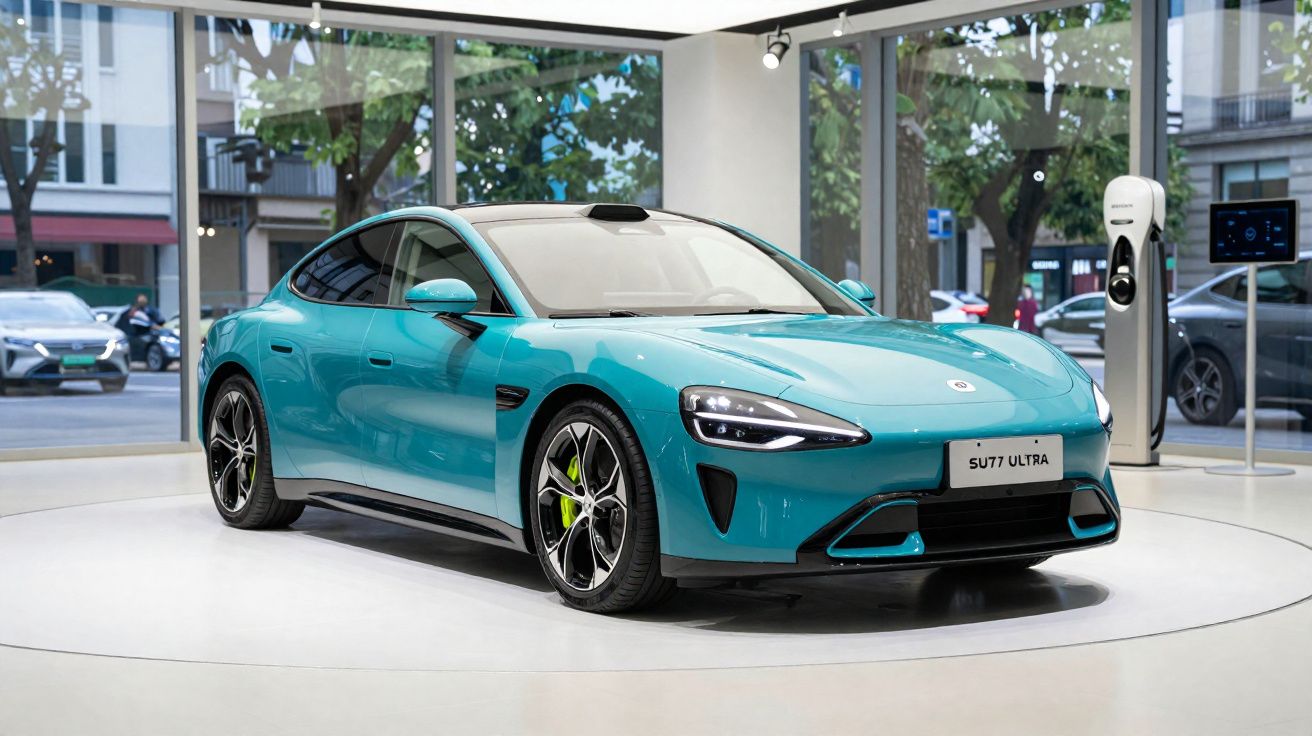 Blauwe elektrische sportwagen SU77 Ultra in een showroom met oplaadstation en stedelijke achtergrond.