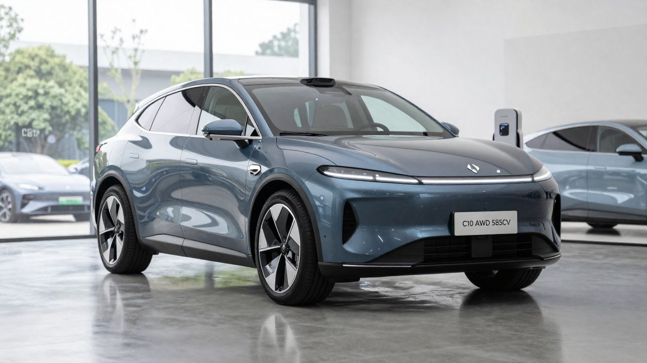Elektrische blauwe crossover SUV geparkeerd in moderne showroom met grote ramen en oplaadstation.