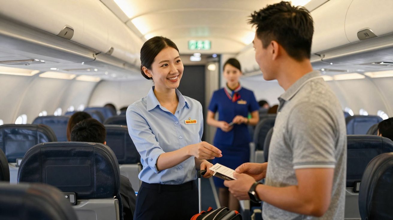 Vriendelijk stewardess controleert ticket van passagier in vliegtuigcabine met zitplaatsen en bagage.