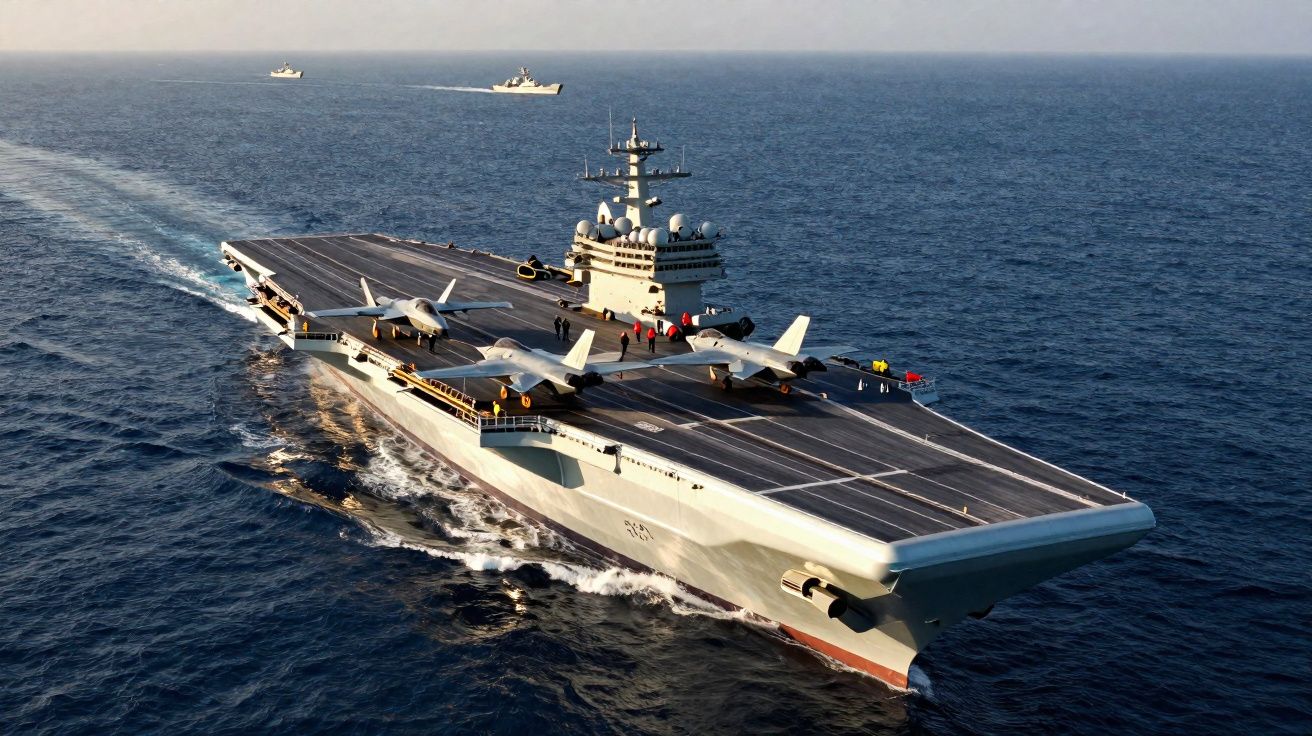 Vliegdekschip op zee met gevechtsvliegtuigen op het dek en marineschepen op de achtergrond.