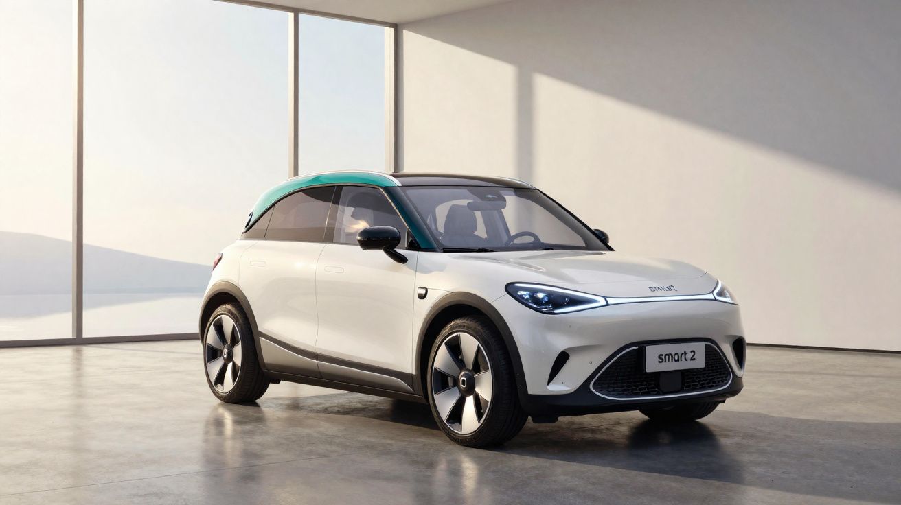 Witte Smart 2 elektrische compacte auto met groen dak in lichte, minimalistische binnenruimte.
