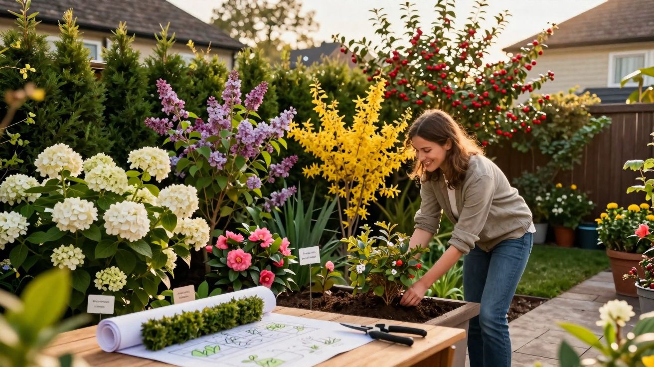 Vrouw plant bloemen in een mooie tuin met verschillende kleurrijke bloeiende planten en een ontwerptekening op tafel.