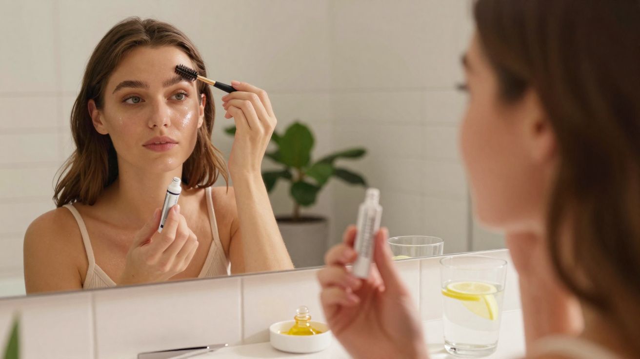 Vrouw die wenkbrauwen verzorgt met een borsteltje voor de spiegel in een badkamer.
