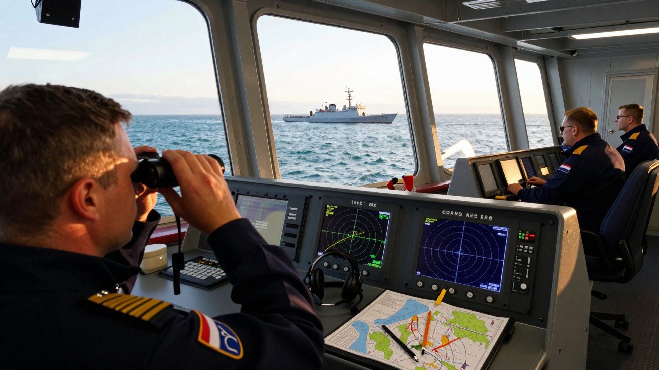 Zeesoldaten op de brug van een schip controleren radar en navigatie, met uitzicht op een ander marineschip op zee.
