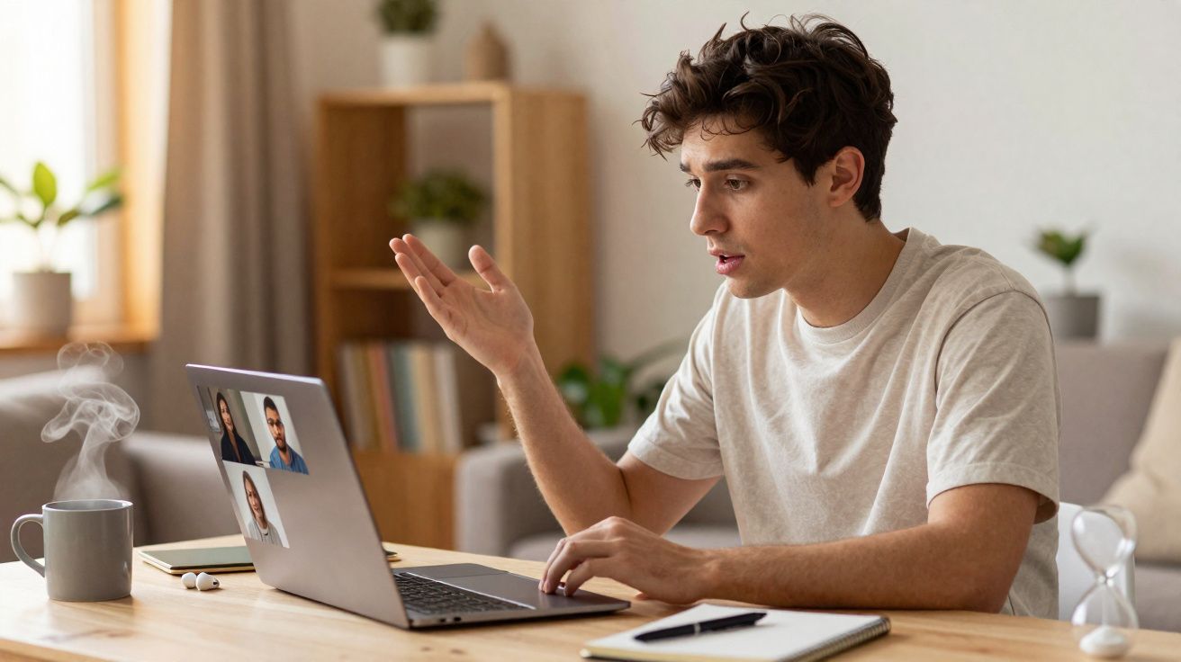 Jonge man voert een online videogesprek aan tafel met laptop, notitieboek en een kop dampende koffie.