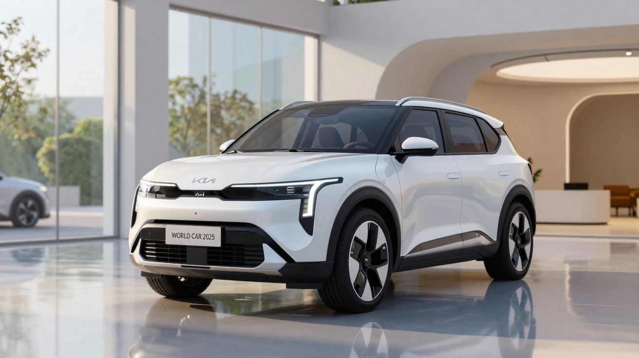Witte elektrische Kia SUV 2025 in showroom met moderne architectuur en reflectie op glanzende vloer.
