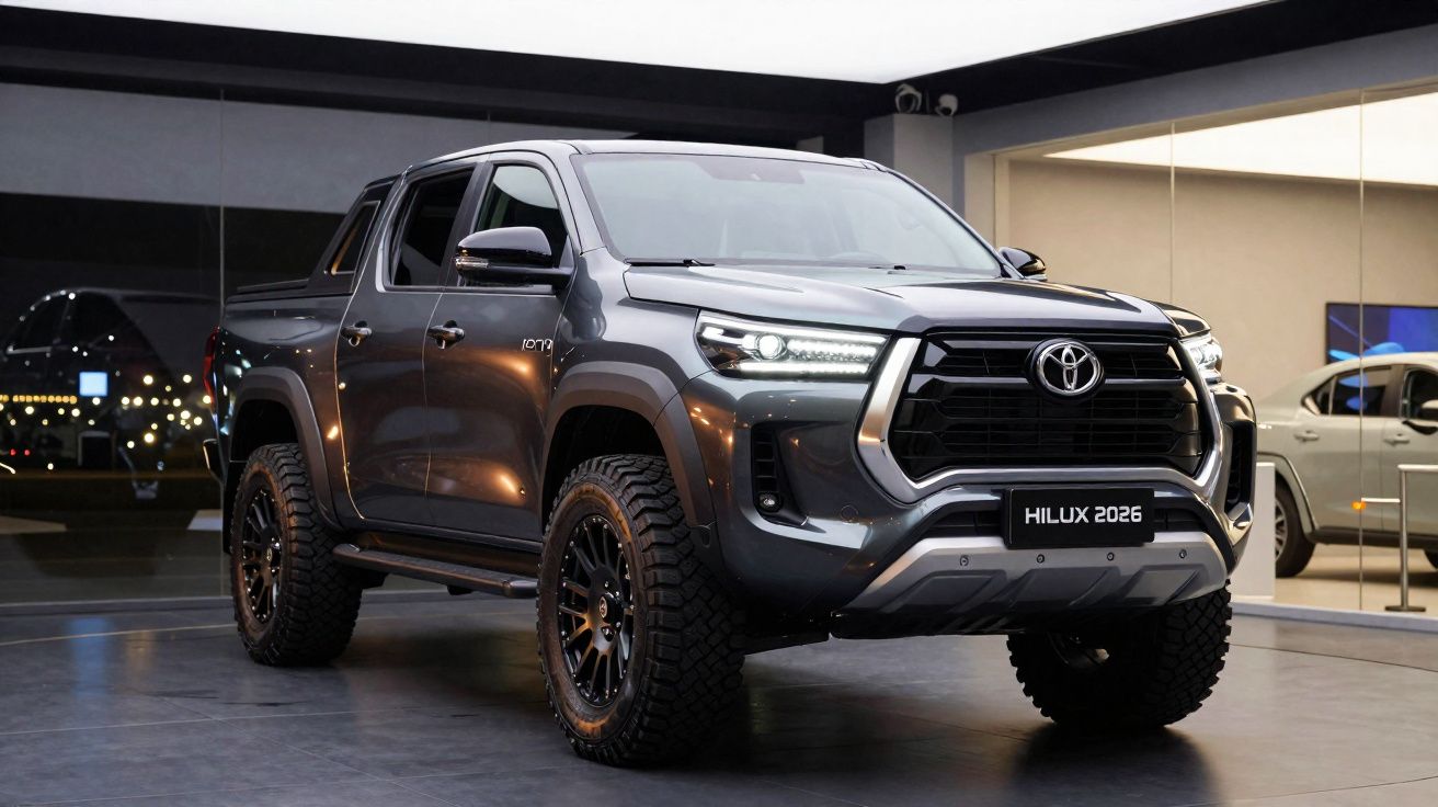 Donkere Toyota Hilux 2026 pick-up truck met offroadbanden in showroom.