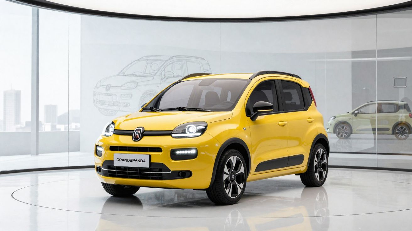 Felgele Fiat Grande Panda geparkeerd in een moderne showroom met glazen wanden en stadszicht op achtergrond.
