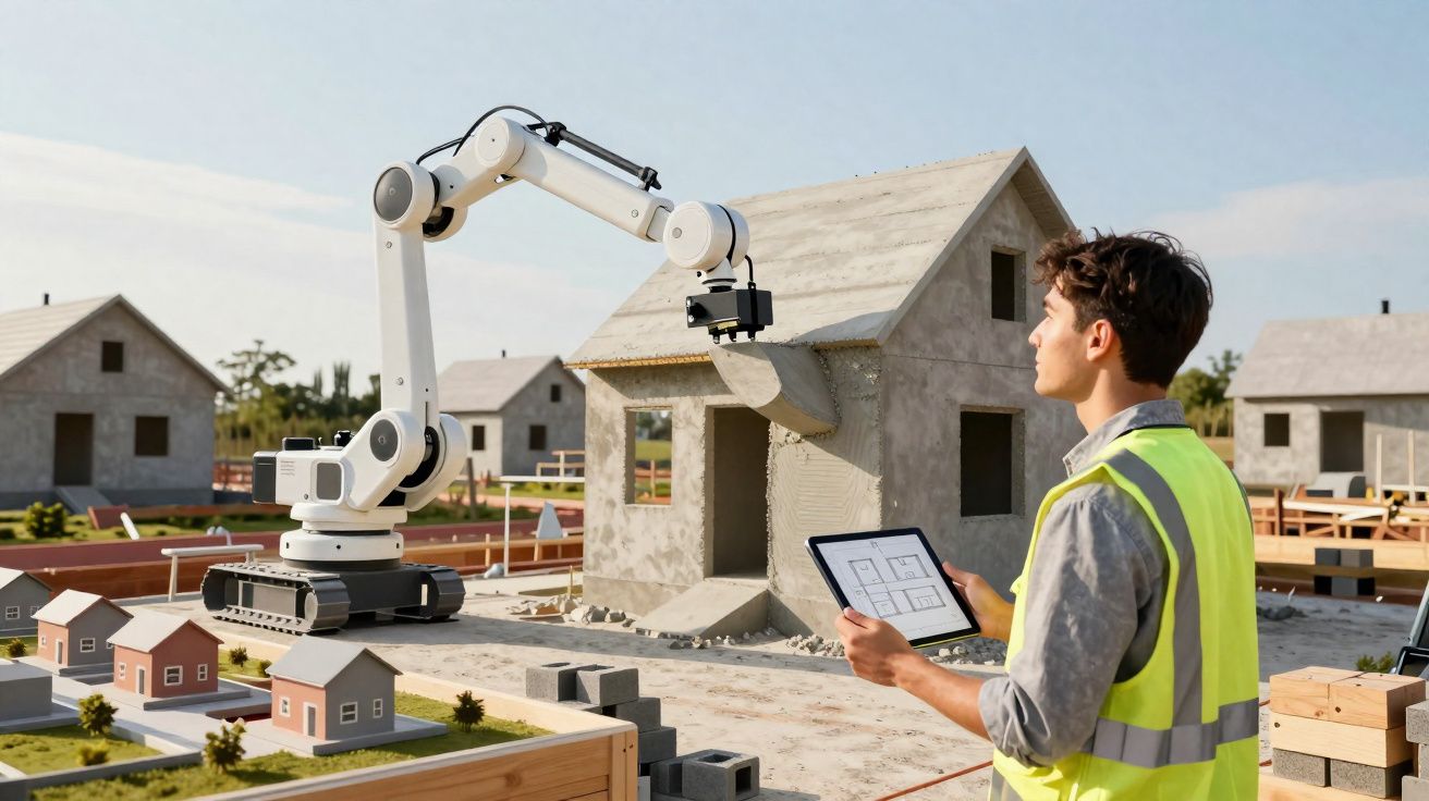 Man met veiligheidsvest bestuurt robotarm die betonnen huis bouwt op schaalmodel met tablet in handen.