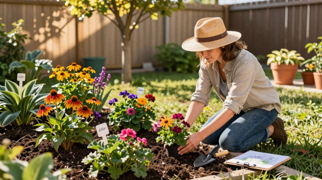 Vrouw in strohoed plant kleurrijke bloemen in een zonnige tuin naast een schets op een klembord.