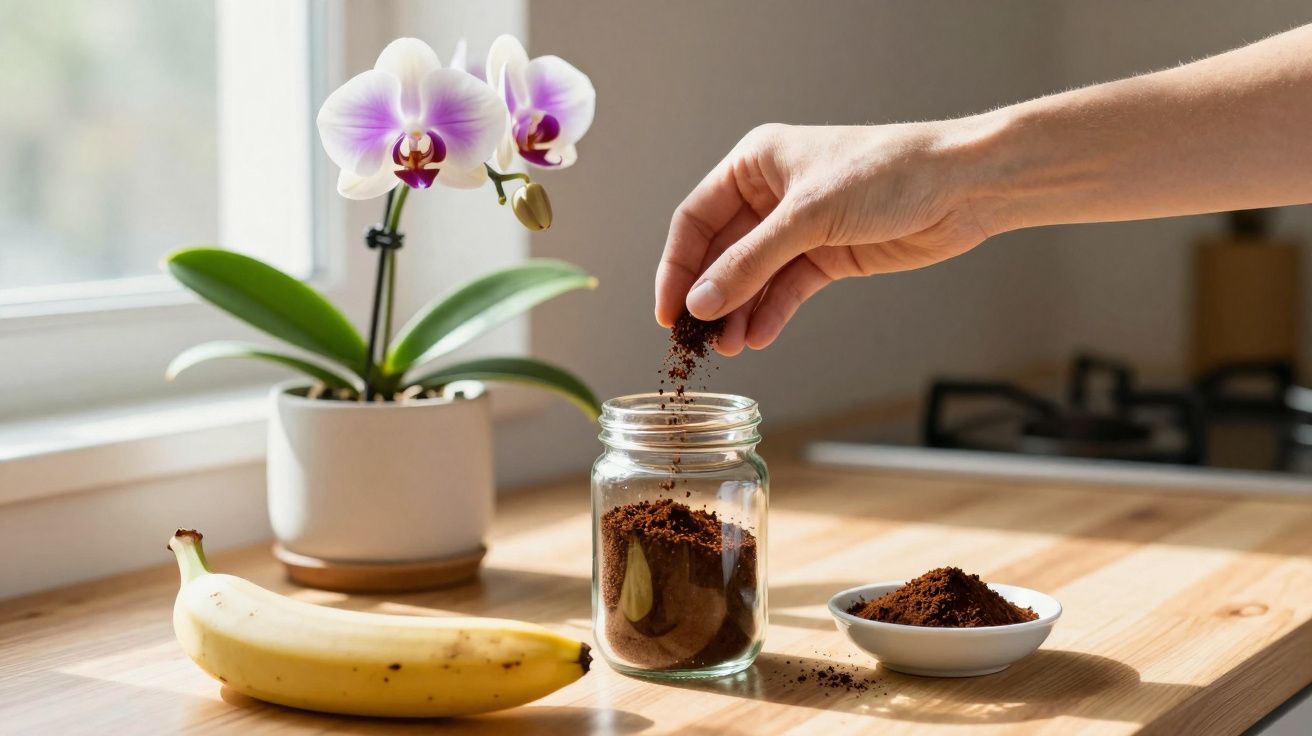Hand die gemalen koffie in glazen pot doet, met banaan en orchidee op houten keukenblad bij raam.