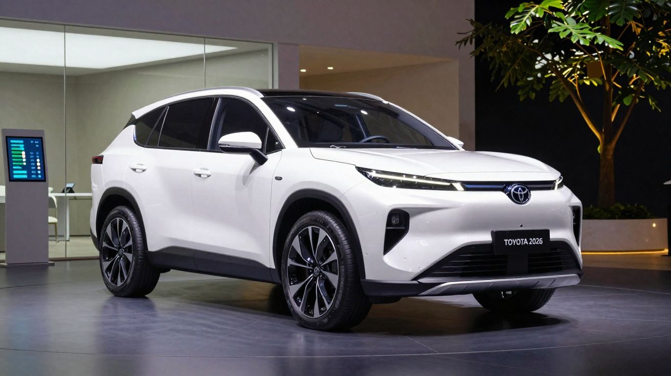 Witte Toyota SUV 2025 geparkeerd in showroom met moderne verlichting en glazen wanden.