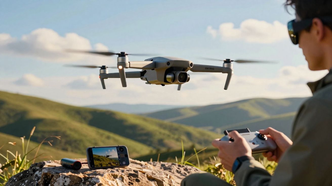 Persoon bestuurt drone met afstandsbediening in een groen berglandschap bij zonsondergang.