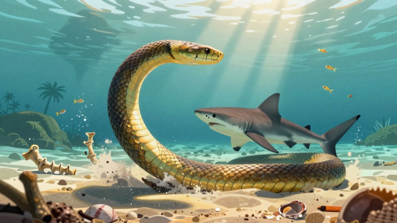 Een grote slang en een haai zwemmen samen in helder oceaanwater boven een zandbodem met schelpen.