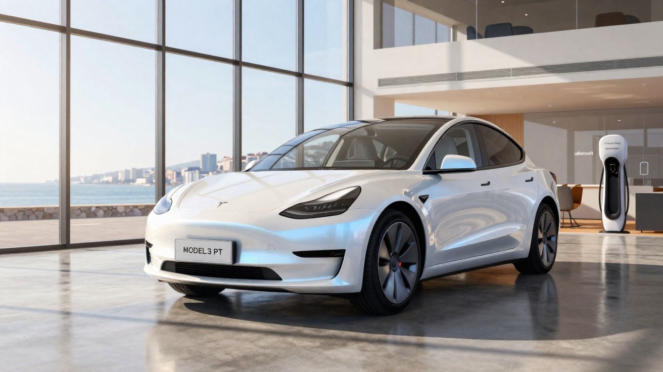 Witte Tesla Model 3 elektrische auto geparkeerd in moderne showroom met grote ramen en oplaadstation.