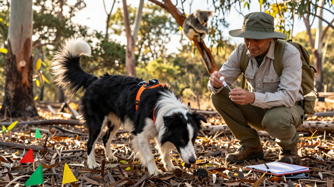 Man onderzoekt iets in het bos terwijl een hond met oranje harnas en een koala op een boom in de achtergrond staan.