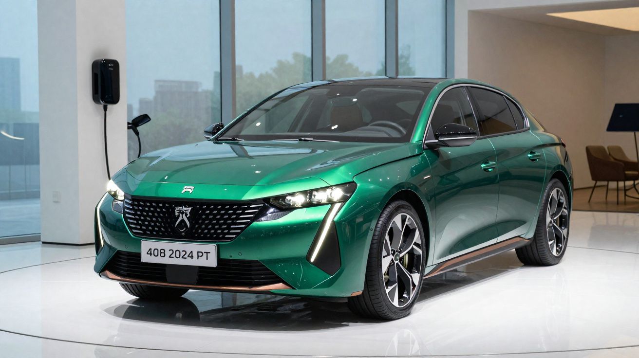 Groene Peugeot 408 elektrische auto in een showroom met grote ramen en oplaadpaal aan de muur.