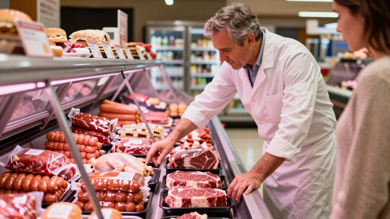 Slager in witte jas helpt klant bij vleeswaren in gekoelde toonbank van supermarkt.