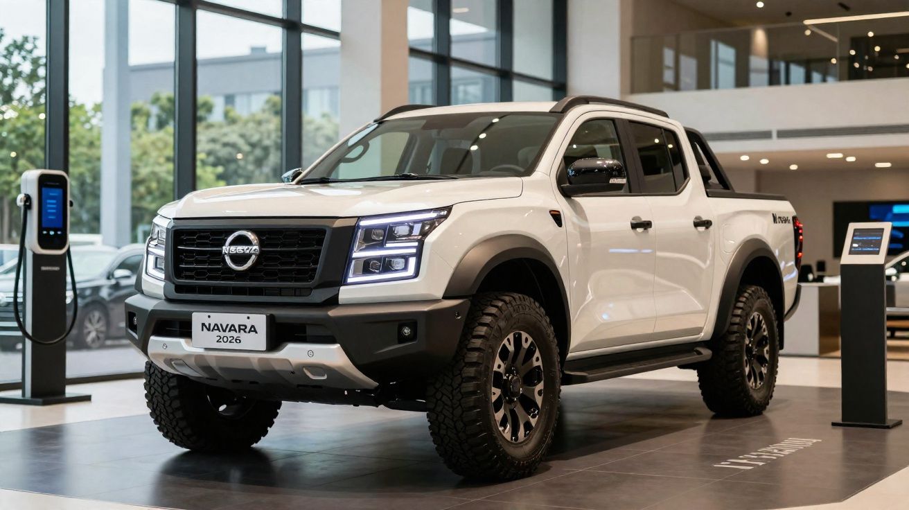 Witte Nissan Navara 2026 pickup truck in showroom met laadpaal en modern interieur op de achtergrond.