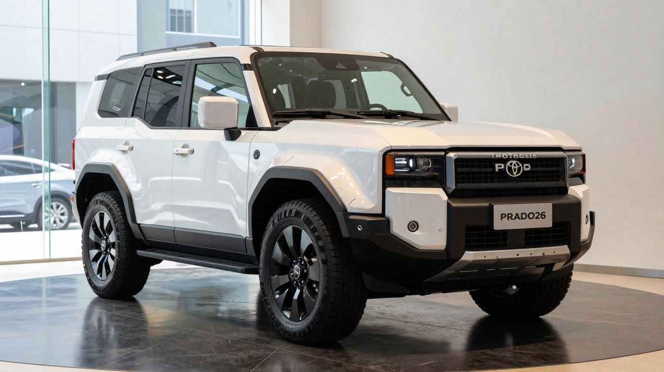 Witte Toyota Prado26 SUV in moderne showroom met zwarte accenten en grote terreinbanden.