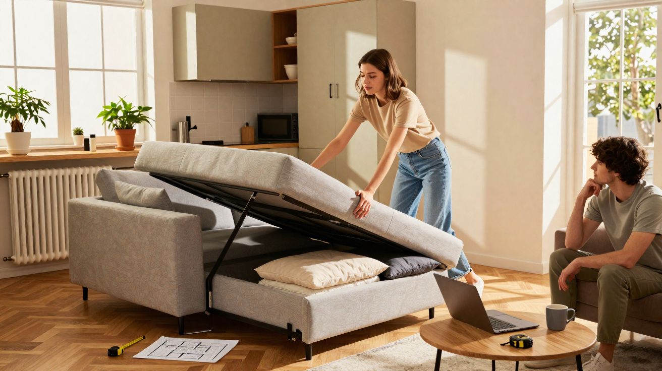 Vrouw maakt openbed opklapbare bank terwijl man kijkt in een zonnige woonkamer met houten vloer.