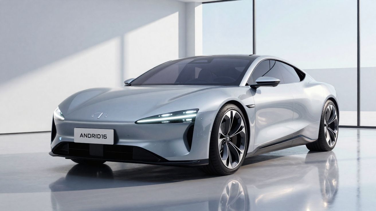 Glanzende zilveren elektrische sportwagen in minimalistische, lichte showroom met grote ramen.