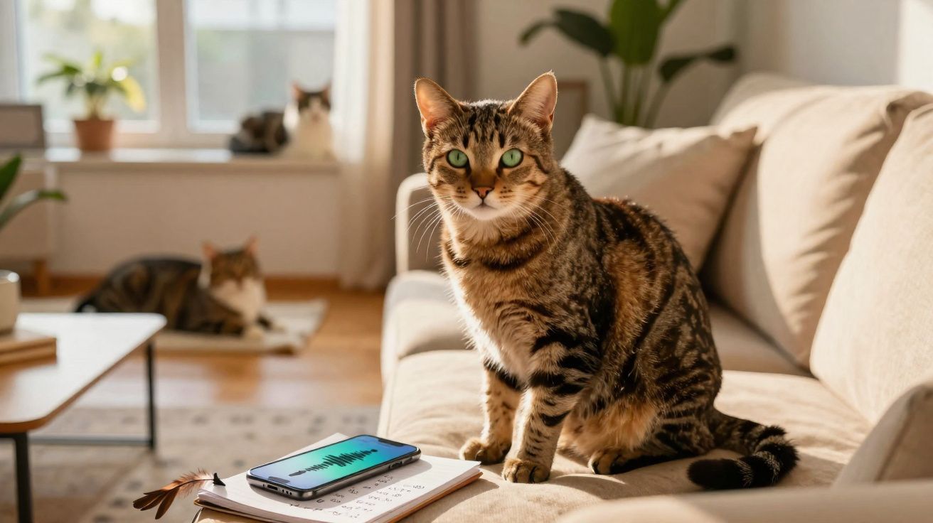 Kat met groene ogen zit op een beige sofa, achtergrond met twee andere katten en een venster.