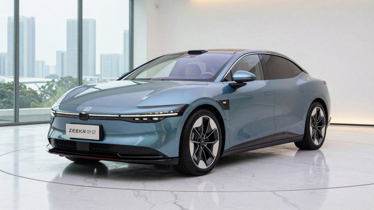 Blauwe elektrische Zeekr 001 GT sedan geparkeerd in een moderne showroom met grote ramen en stadszicht.