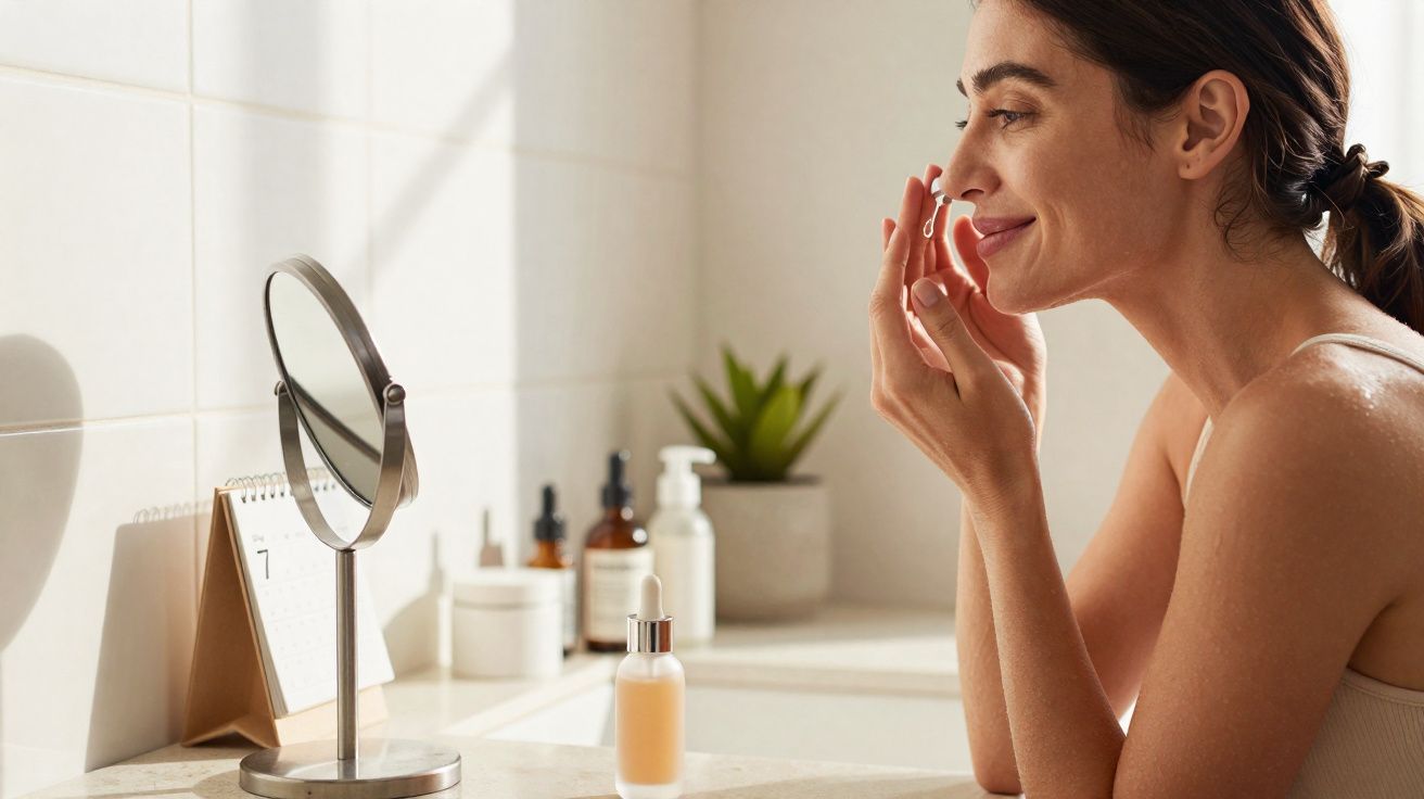 Vrouw smeert een gezichtssérum aan in een badkamer voor een spiegel met verzorgingsproducten op het aanrecht.
