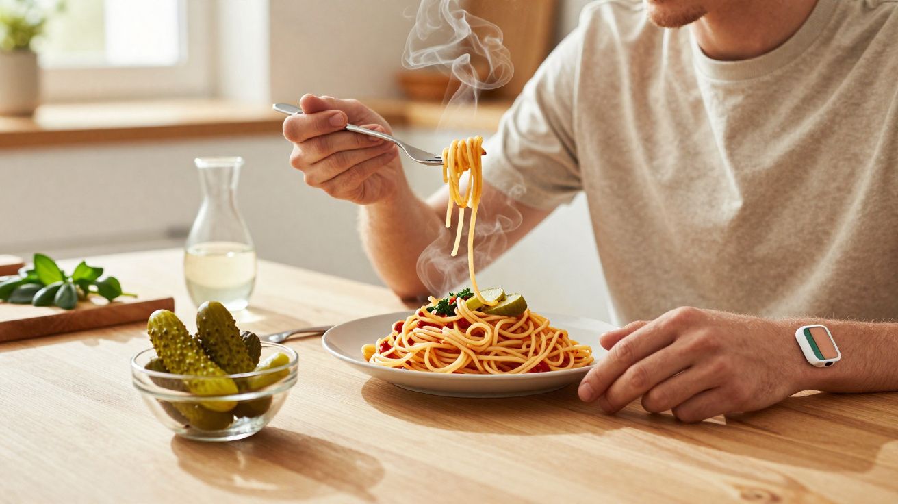 Man eet dampende spaghetti aan houten tafel met augurken en karaf water op de achtergrond.