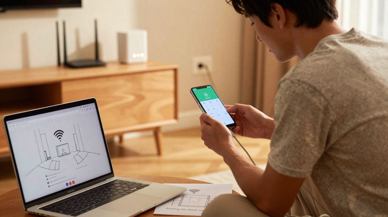 Man bedient smartphone voor het instellen van wifi, laptop toont router en verbindingsschema in woonkamer.